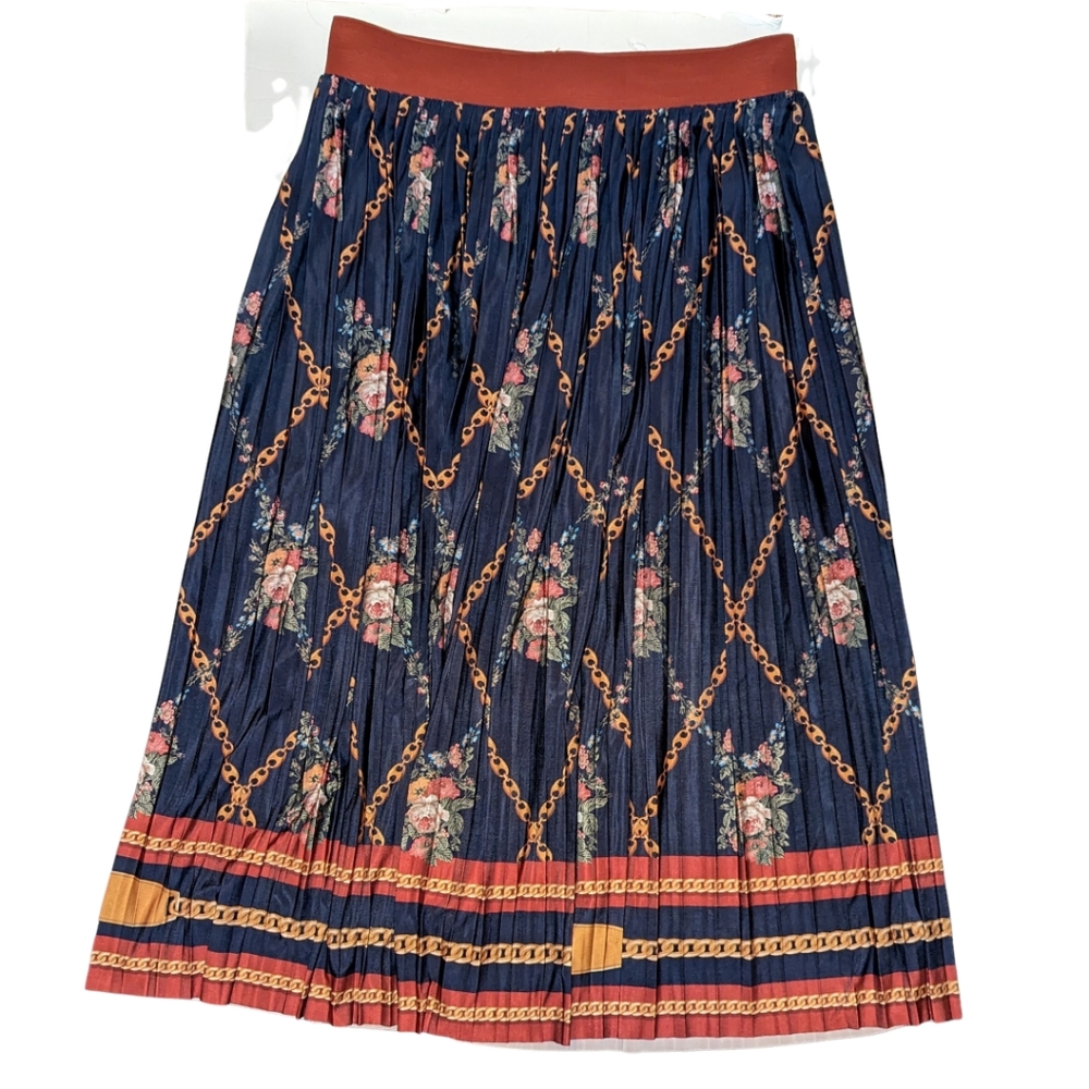 ZARA Pleated Maxi Skirt w/ Chain & Floral Print, Size Lg